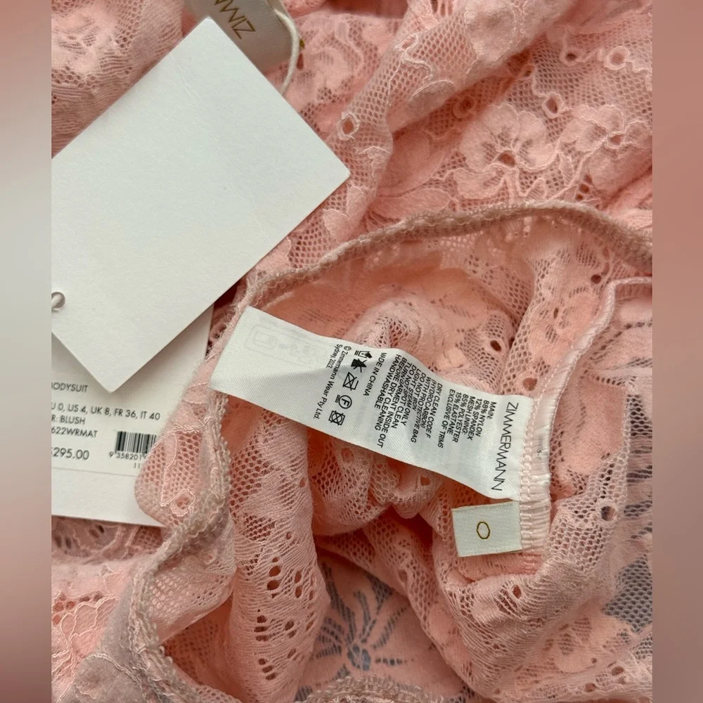 🆕 ZIMMERMANN 🧿 NWT Lace Long Sleeve Bodysuit, Blush - Sz 0 US 4